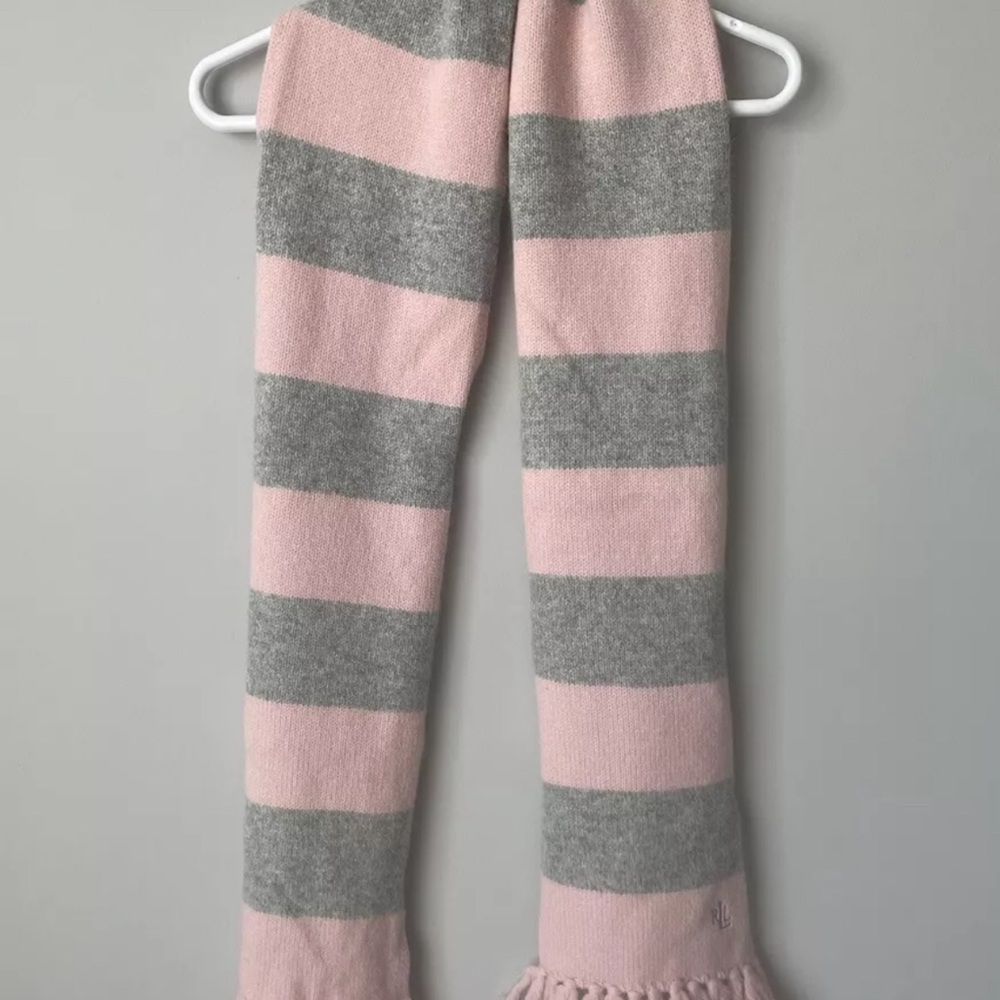 VTG Y2K Ralph Lauren Lambswool Angora Scarf Pink Gray Stripe Winter Warm
